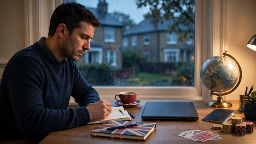 UK player comparing offshore casinos using a closed laptop and travel cues