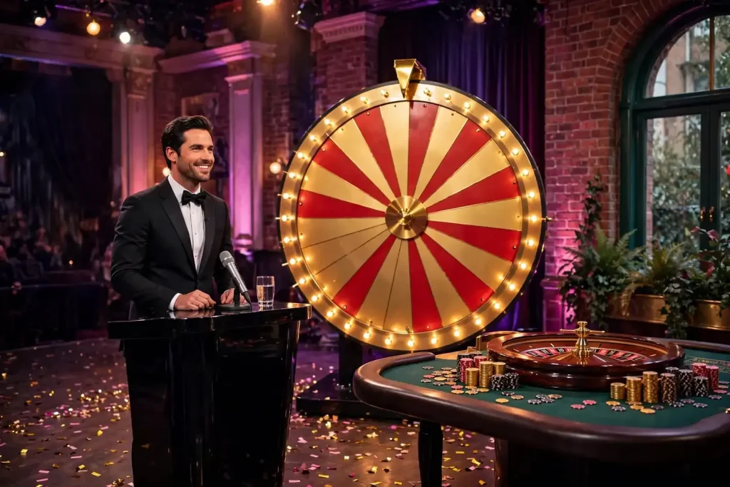 British casino game show studio with host and prize wheel