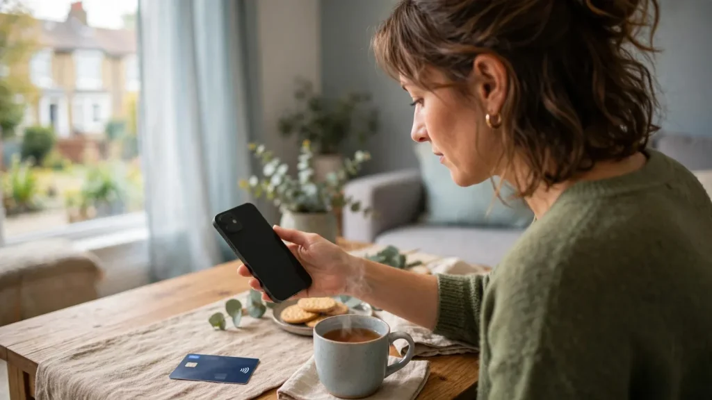Person paying with smartphone and contactless card at home in the UK.