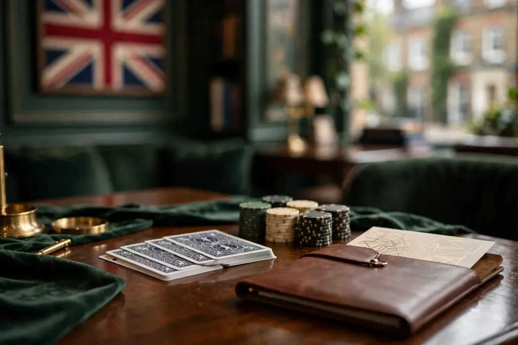 Premium UK casino lounge with chips, cards, and a welcome voucher