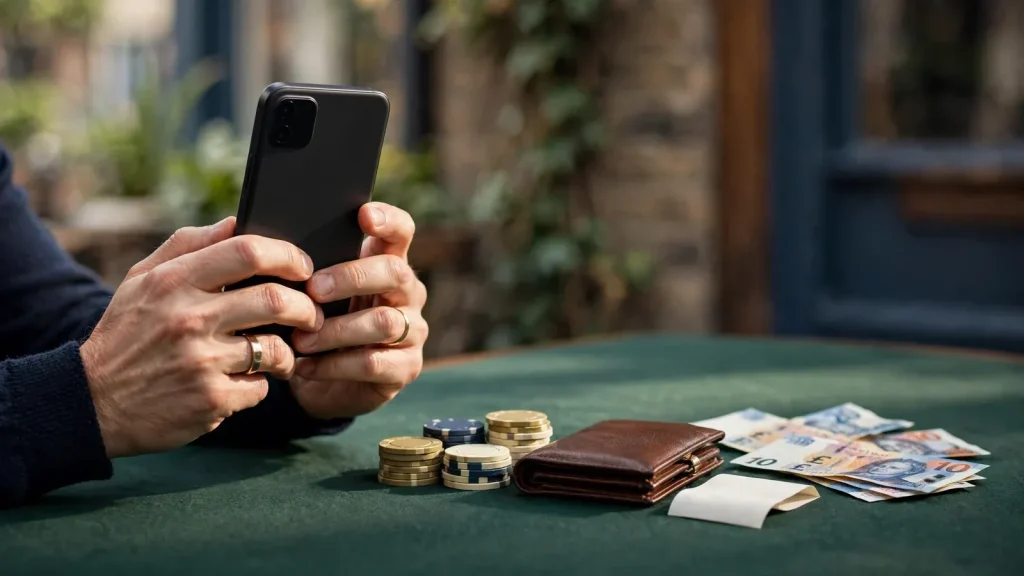 Phone, British pounds and casino chips illustrating a UK cashback bonus guide