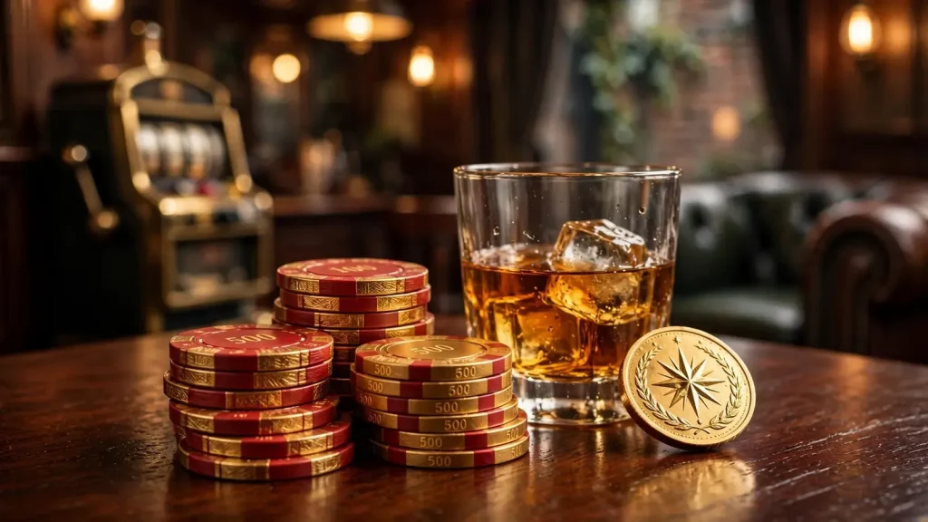 Luxury casino chips, gold coin, and whiskey glass on a dark wood surface with warm British pub lighting