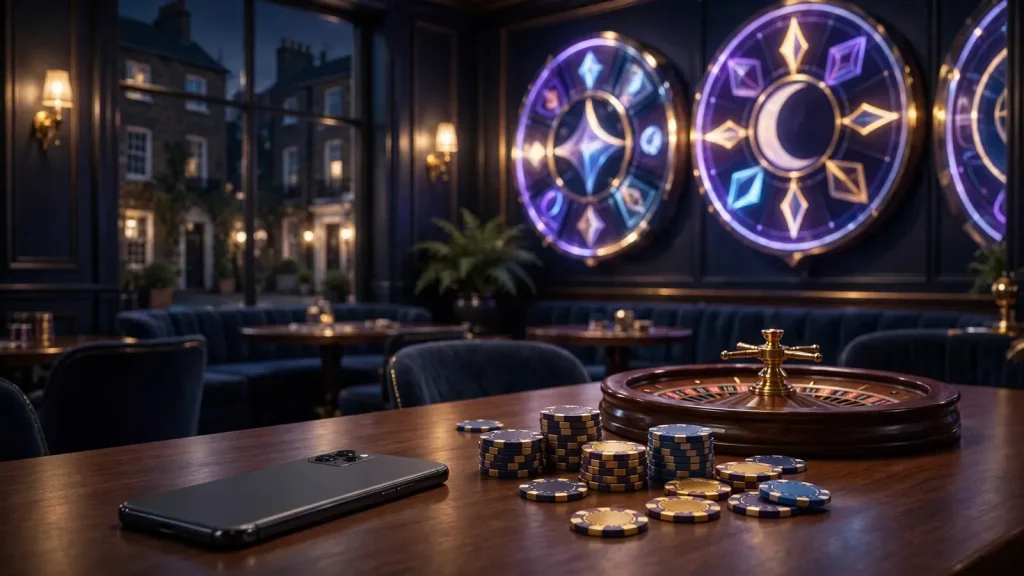 Elegant UK casino lounge with hidden phone, roulette wheel and glowing abstract reels