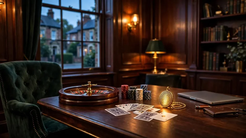 Luxurious UK casino lounge with roulette, chips and a golden amulet.
