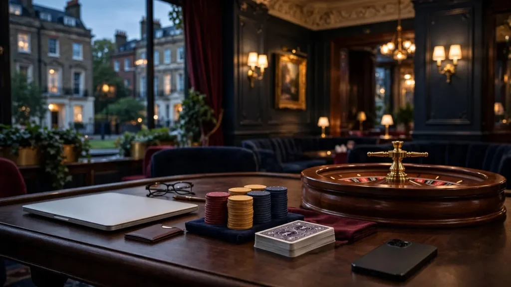 Elegant UK casino lounge with closed devices, chips, cards and roulette