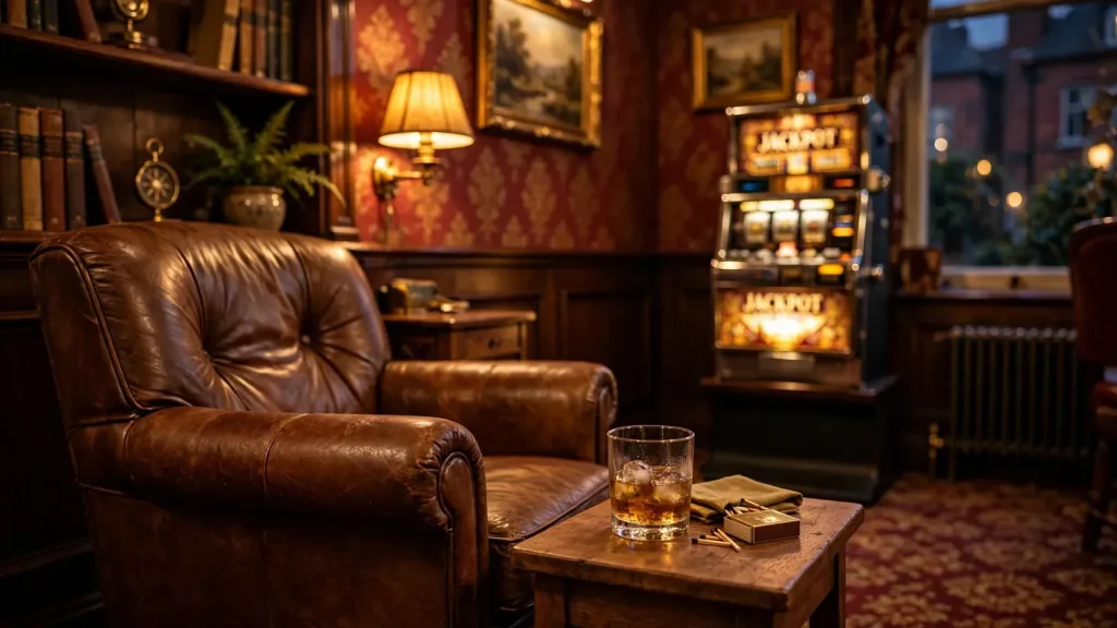 Warm British lounge interior with a leather armchair and a glowing slot cabinet in the background.