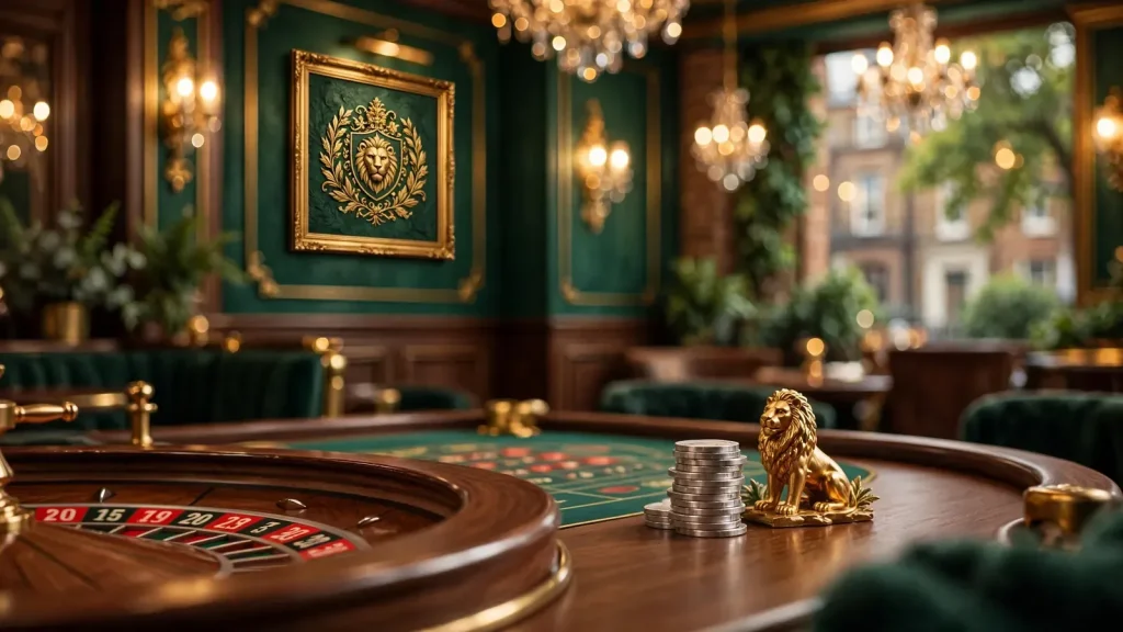 Illustration of a British casino lounge with a roulette table and a golden lion figurine.