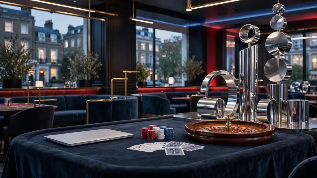 Elegant London casino lounge with tokens, cards, roulette wheel and abstract reels