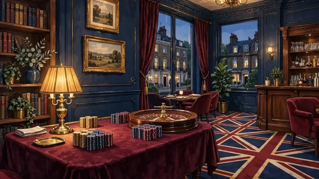 Cozy British casino lounge with poker chips and roulette wheel