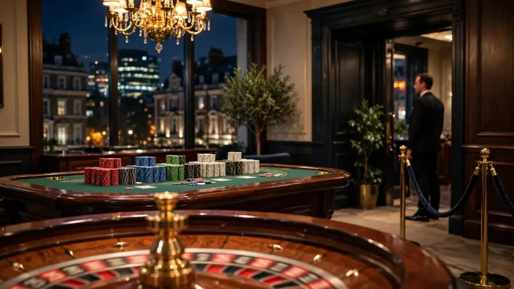 Elegant London casino interior with roulette wheel and chips at night