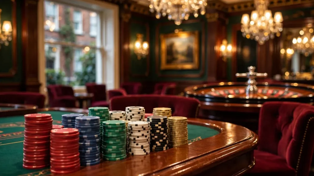 Elegant British casino lounge with stacked chips and roulette wheel