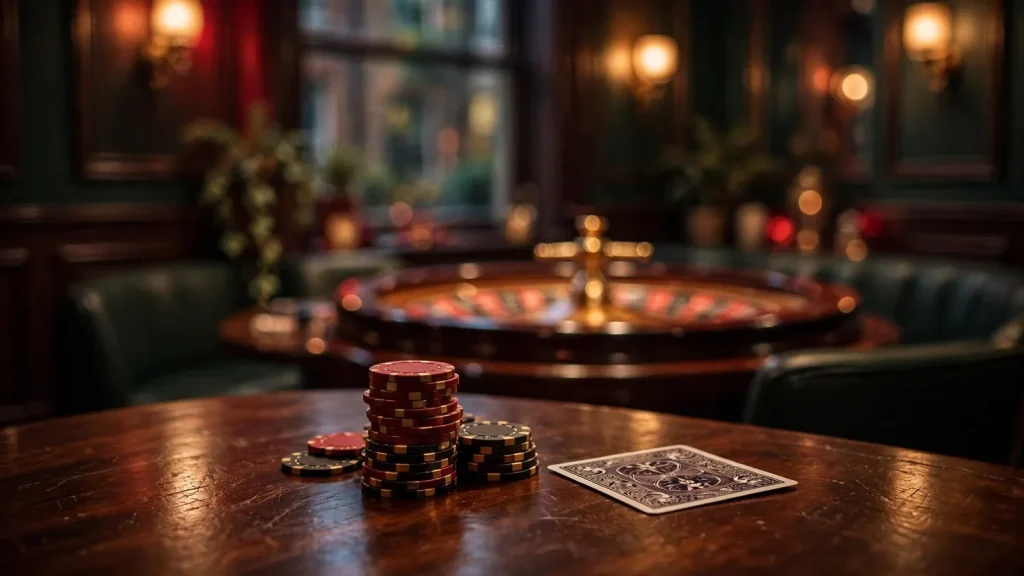 Stylish British casino lounge scene with chips and roulette wheel