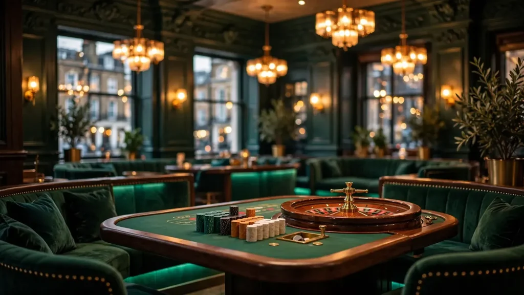 Elegant UK casino lounge interior with roulette wheel and chips on green table