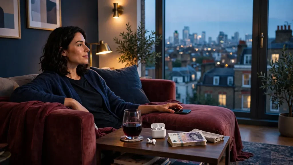 Young adult relaxing in a London apartment with a smartphone and glass of wine at dusk