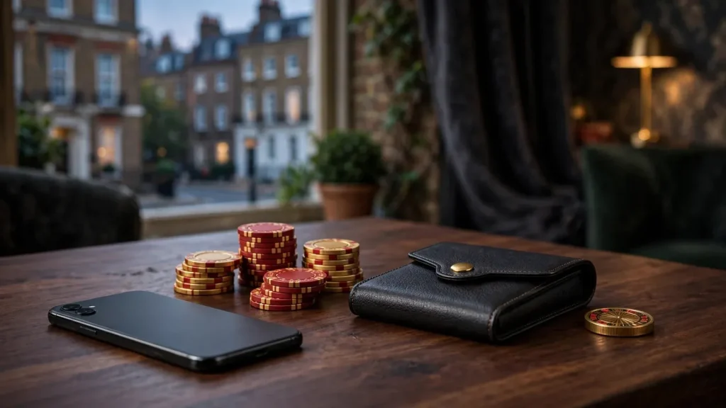 Face-down smartphone with casino chips and tokens on an elegant table