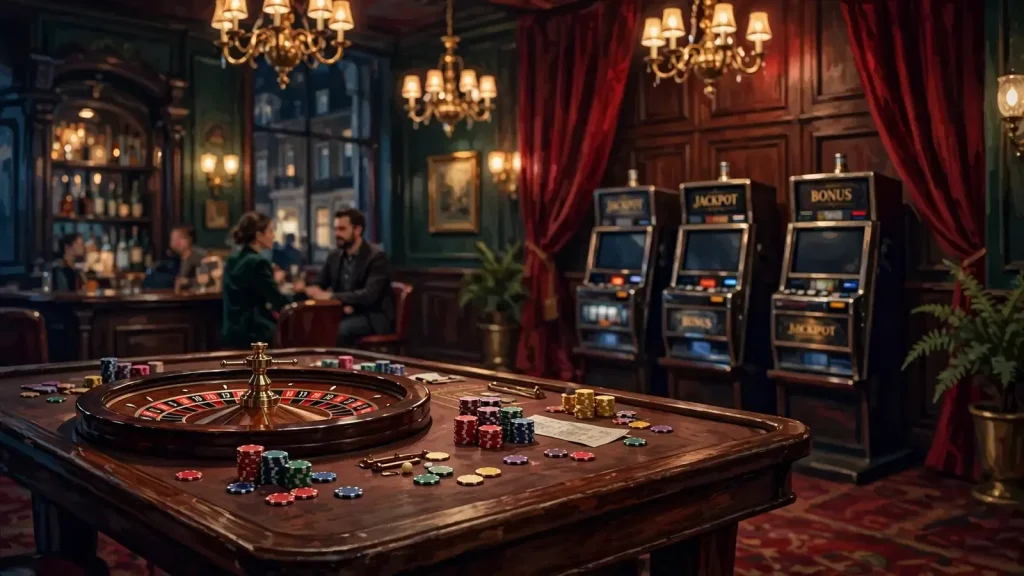 Stylized illustration of a London casino lounge with roulette wheel and chips on a gaming table