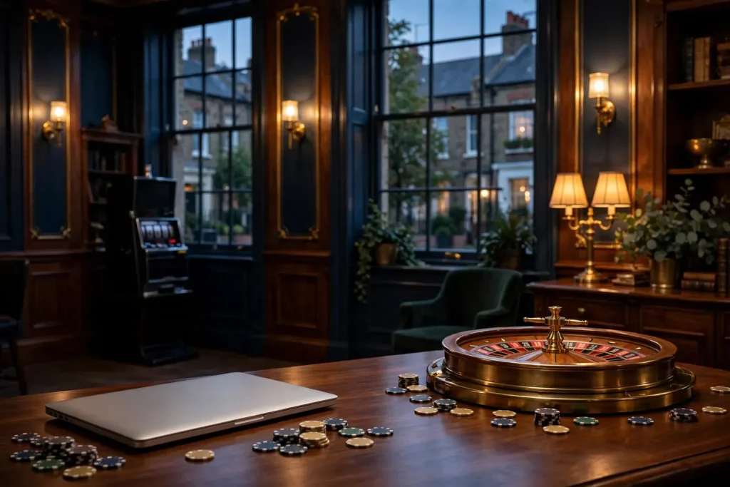 Elegant British casino lounge with slot-machine silhouette and roulette wheel
