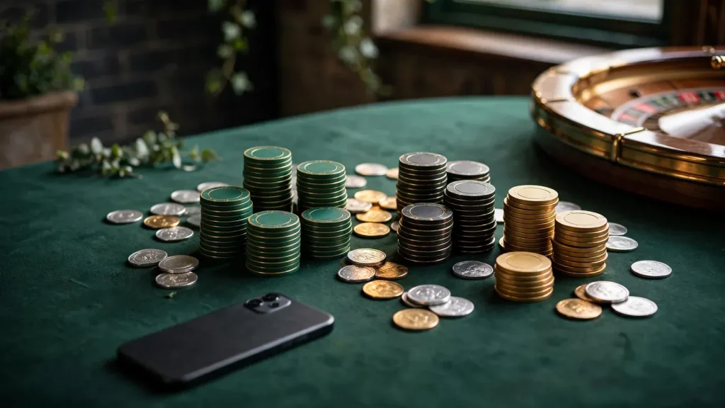 Face-down smartphone with casino chips and roulette wheel in UK-themed luxury setting