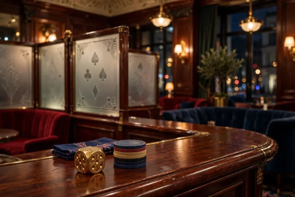 Stylish British casino lounge interior with chips and dice on the bar