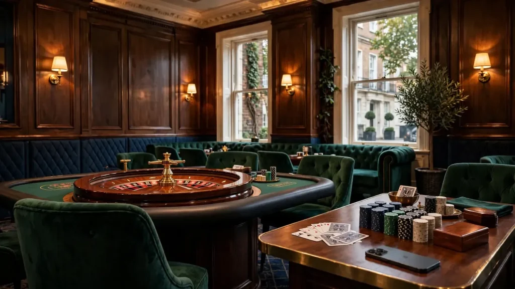 Sophisticated UK casino lounge with roulette, chips and face-down smartphone
