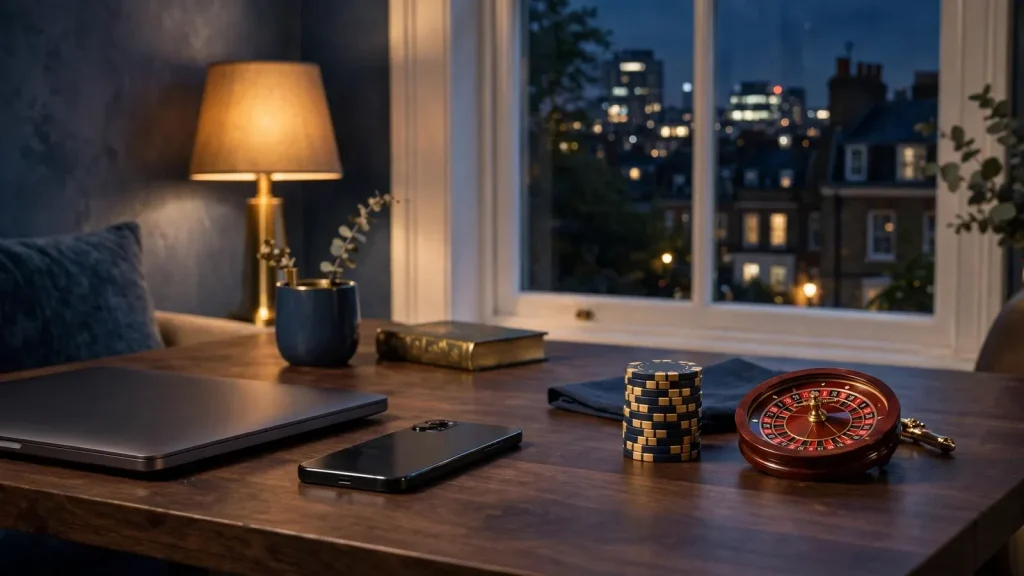 Modern London home office with smartphone and casino chips at night