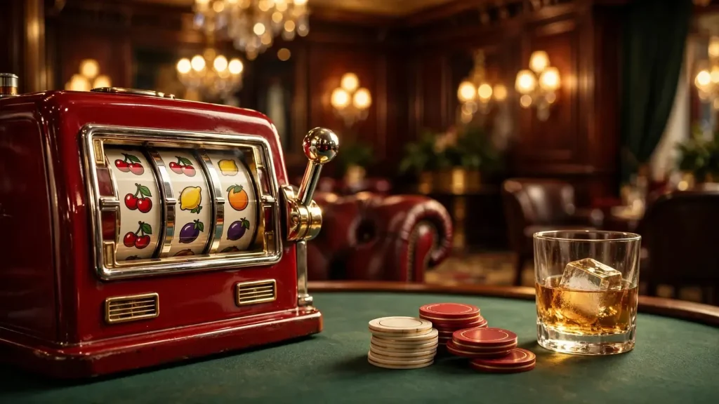 Vintage slot machine in an elegant British casino lounge with stacked chips