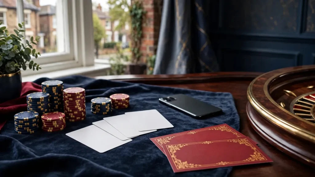Elegant UK casino bonuses and payment essentials on a lounge table