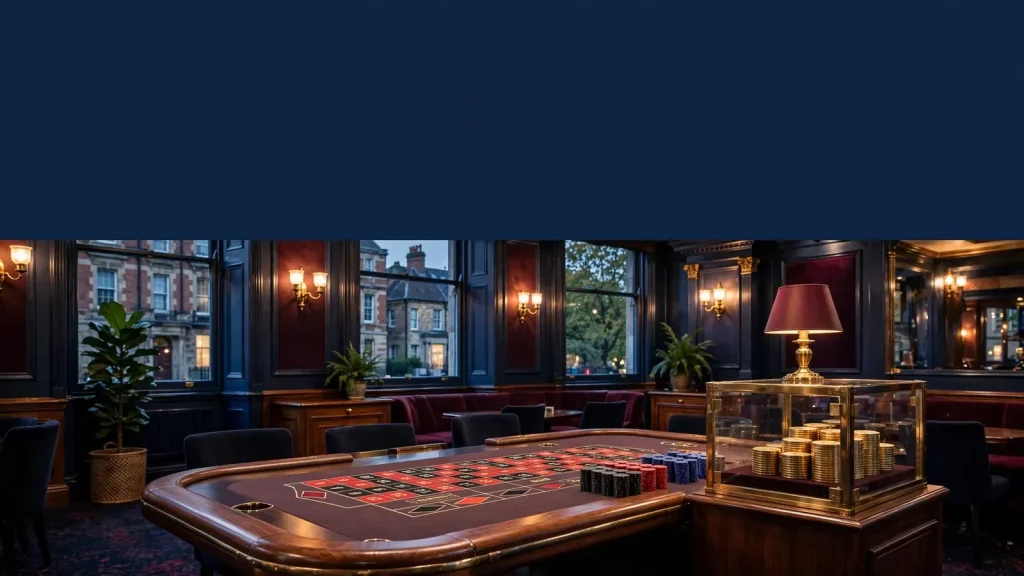 Elegant UK casino interior with roulette table, chips, and tokens