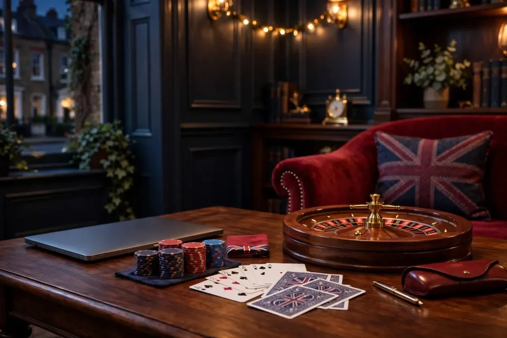 Elegant UK casino lounge with roulette wheel, chips, cards, and closed laptop
