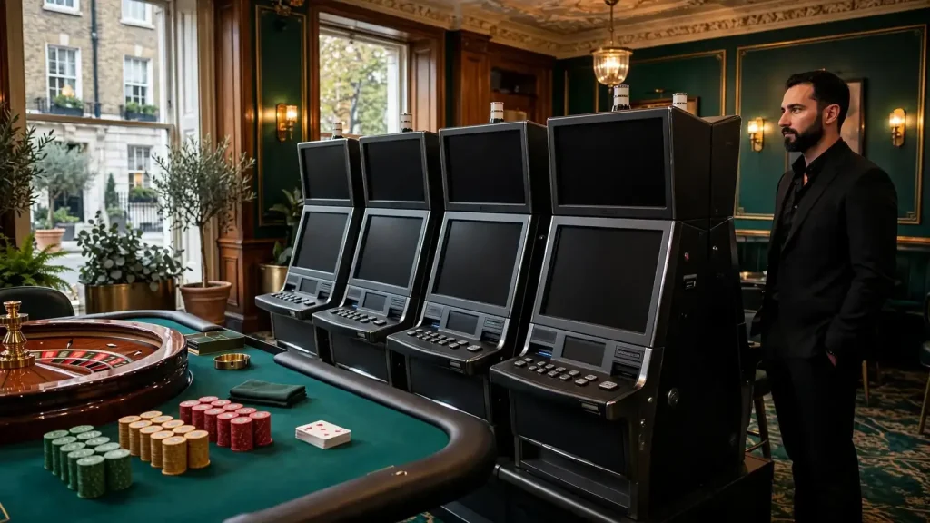 Anonymous guest beside screen-free slot machines in an elegant London casino lounge