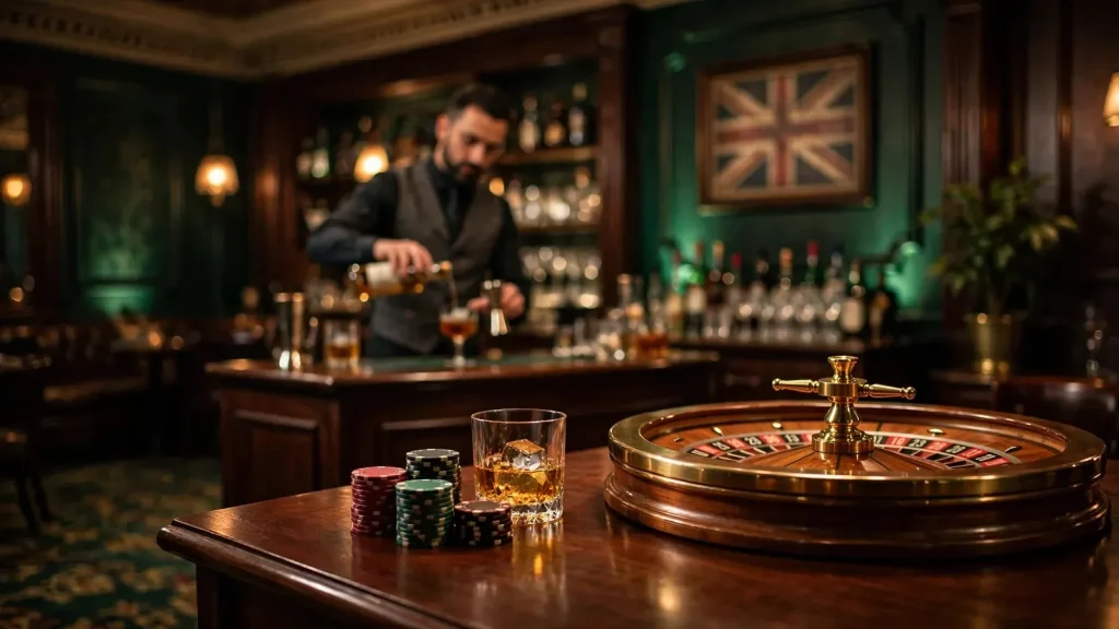 Elegant London casino lounge with roulette wheel, chips and whisky