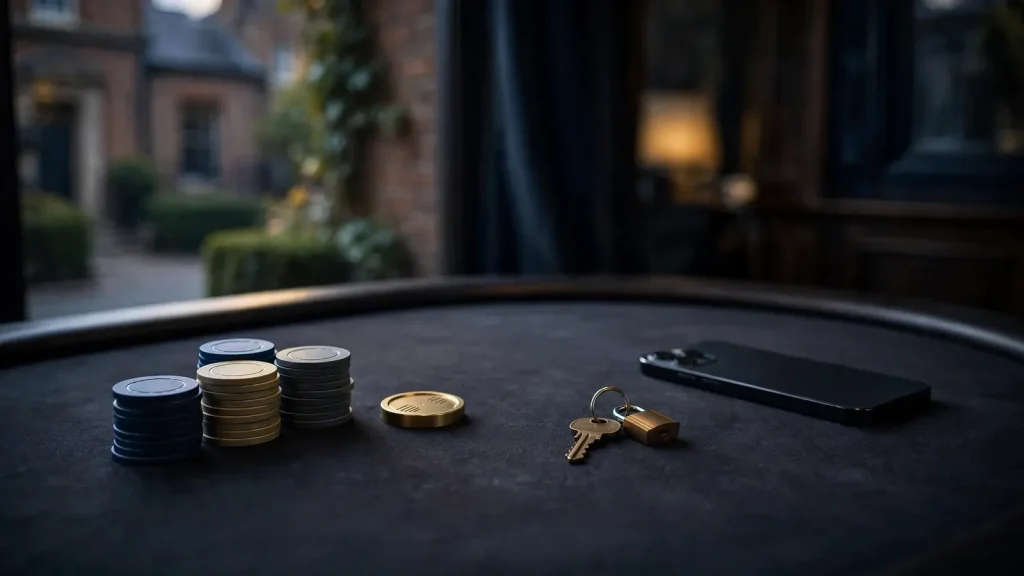 Face-down smartphone and casino chips in a premium UK setting