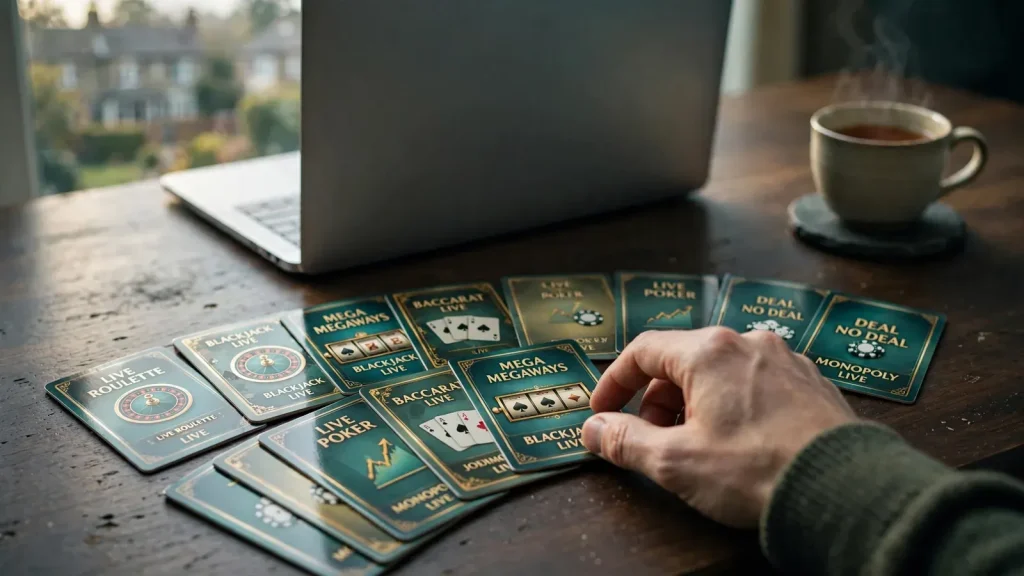 Casino game cards and laptop on desk, evoking UK online casino supply chain