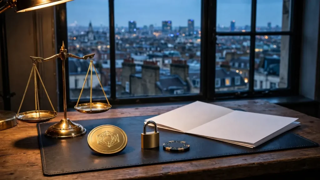 Gold crypto token, casino chip and justice scales on a London regulatory desk