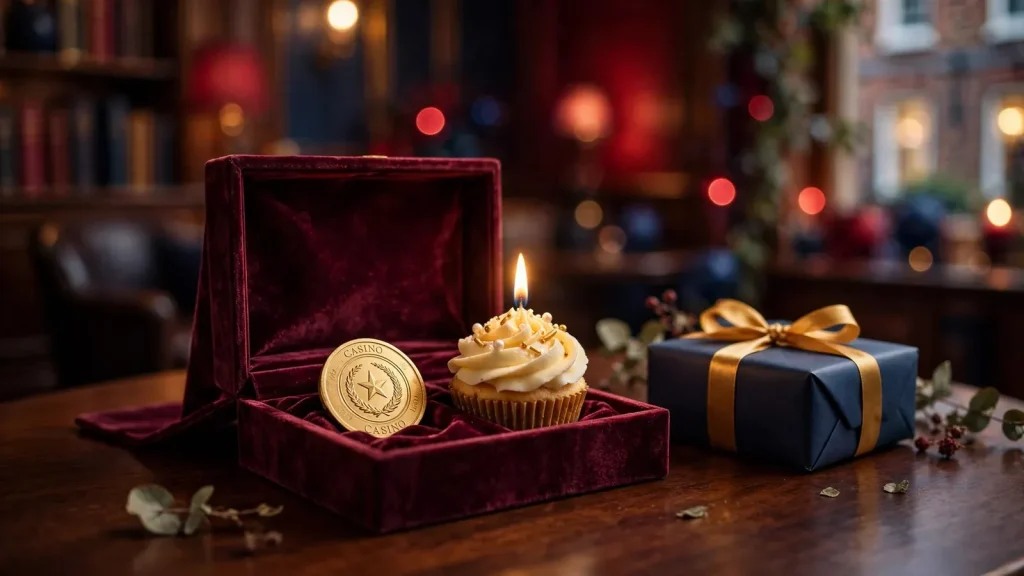 Open gift box with golden casino chip and birthday cupcake on elegant table