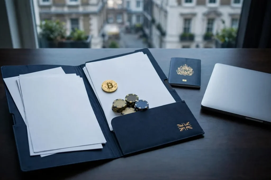 Bitcoin token, casino chips, documents and UK passport on a desk