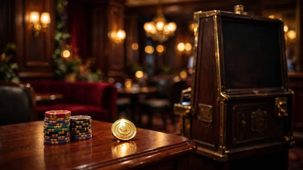 UK casino lounge with stacked chips and a golden token beside a slot cabinet with turned-away screen