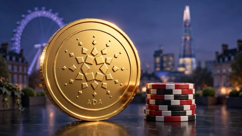 Golden Cardano ADA coin beside poker chips with London skyline at dusk.