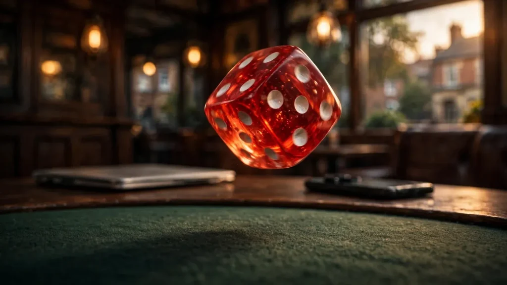 Red casino die tumbling mid-air over a green felt table