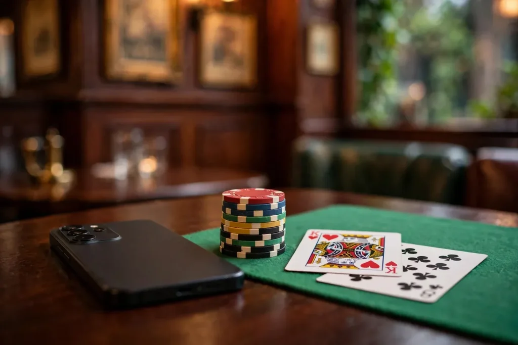 Smartphone face-down on a British pub table with casino chips and playing cards