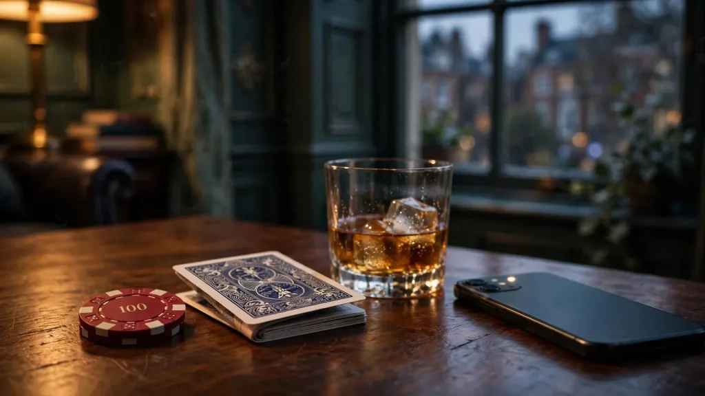 Casino chip, playing card, whisky glass and a face-down smartphone on a dark wooden table