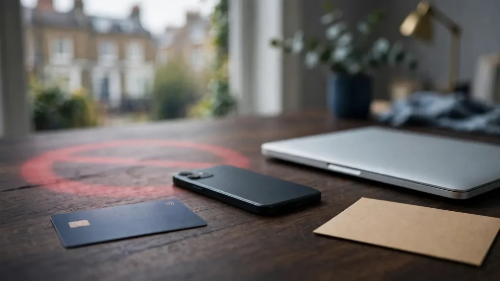 Credit card beside closed devices in a restrained UK setting