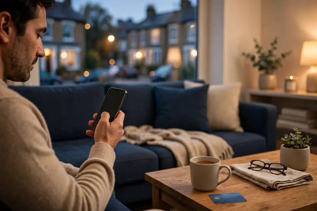 Person in UK living room with debit card on coffee table, device turned away, cozy evening atmosphere.
