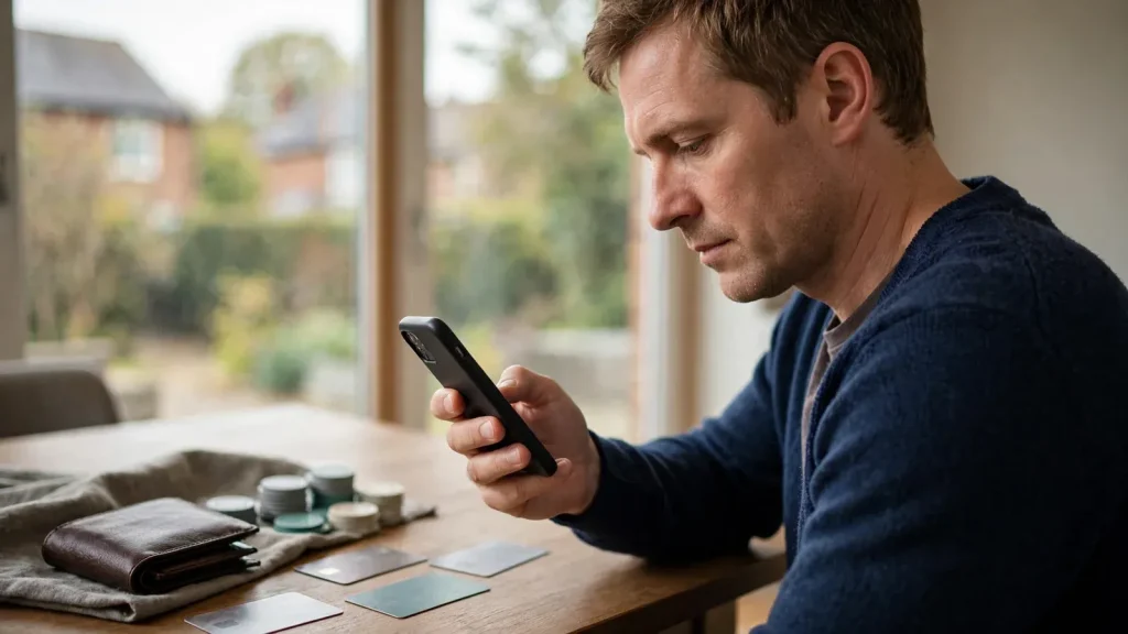 UK player checking a casino cashier with smartphone and payment cards