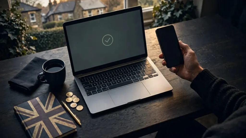 UK player making an e-wallet casino deposit with devices turned away