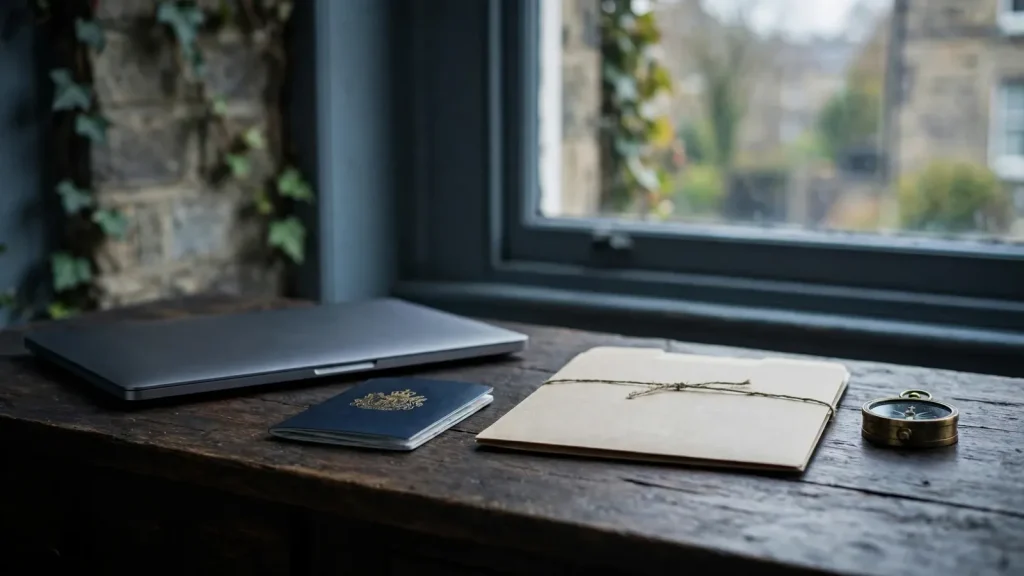 Closed laptop beside passport and permit folder symbolising unregulated online casino licensing