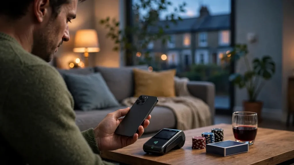 Person paying with iPhone near casino chips and cards on table