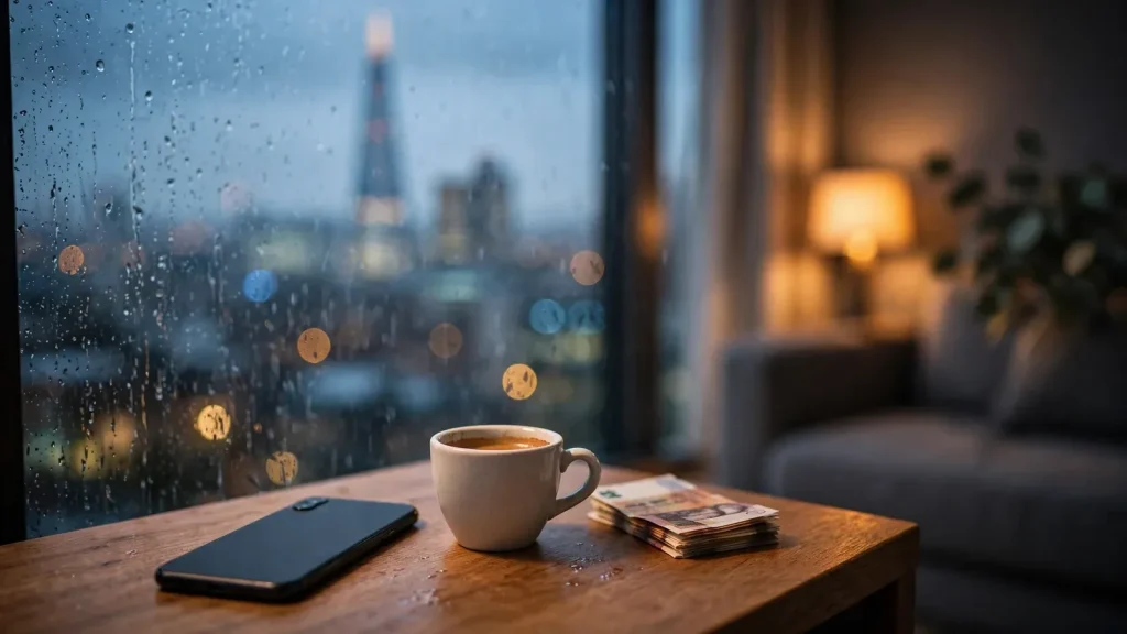 Smartphone face-down on a table in a London apartment with British pounds nearby