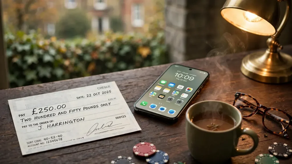 British bank cheque, smartphone, and casino chips on a wooden desk.