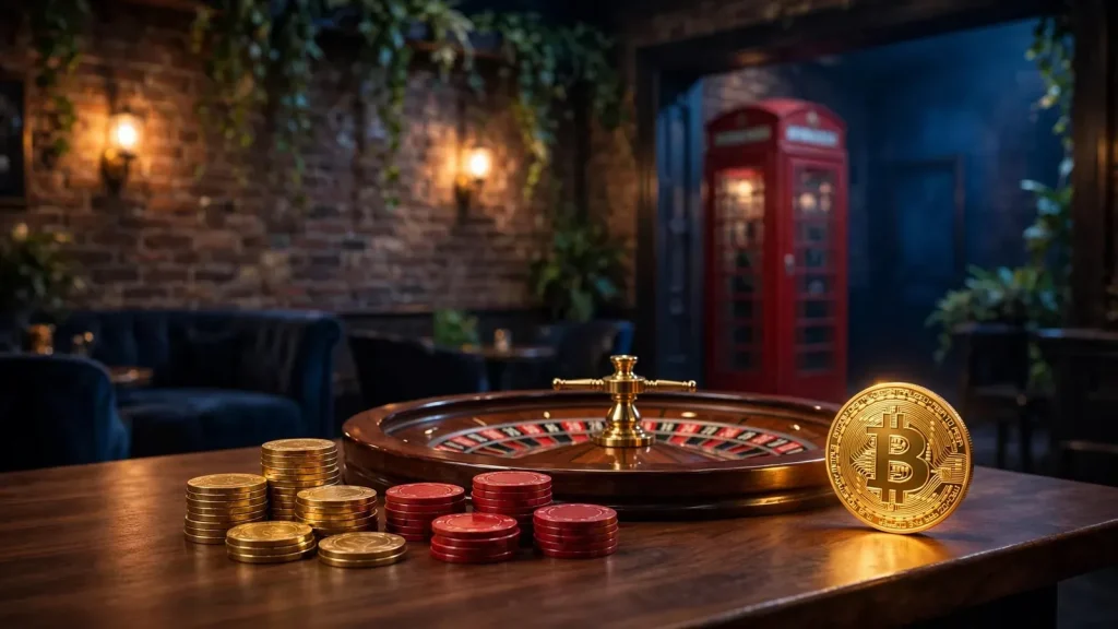 Bitcoin coin on a London casino table with chips and roulette wheel